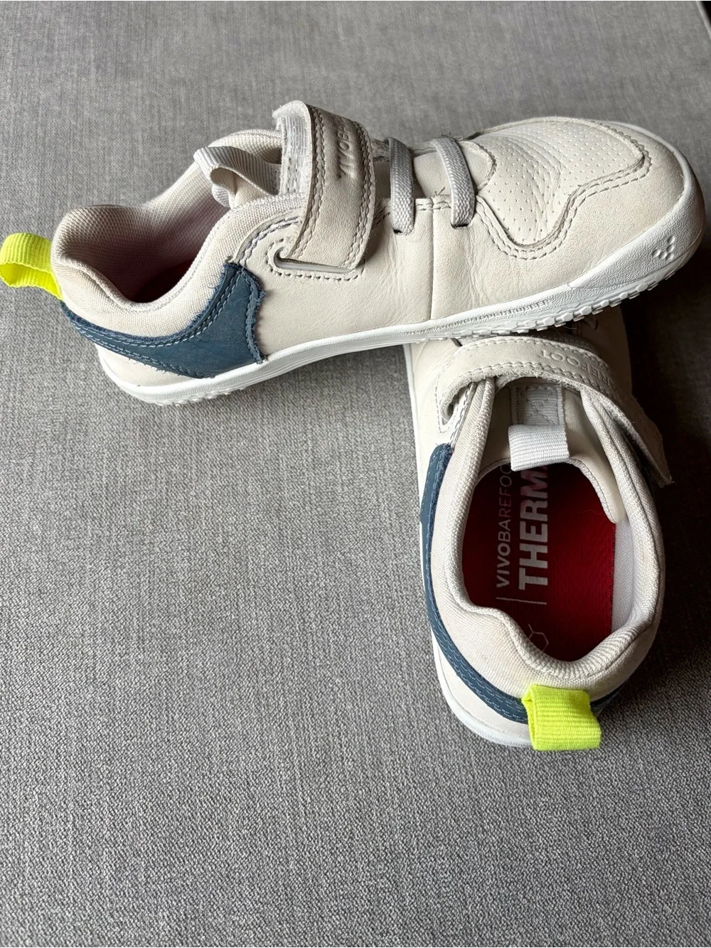 Vivo barefoot Kids White Sneakers with Navy Accents and Neon Yellow Pull Tab